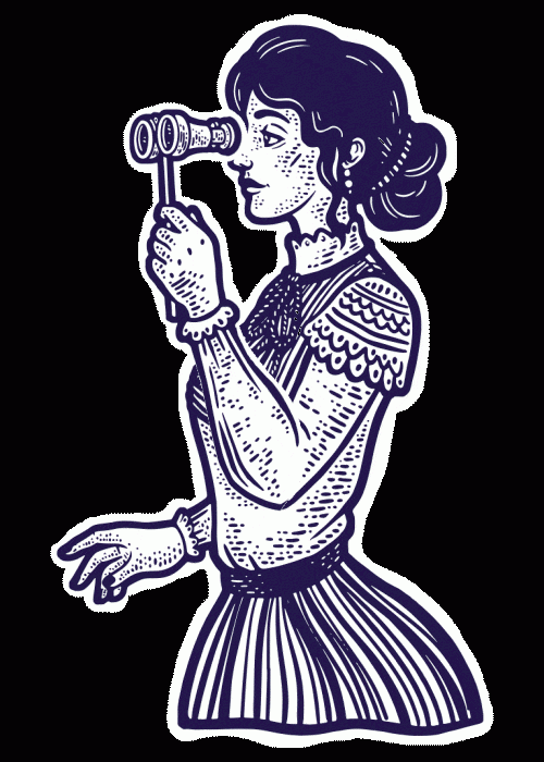 Illustration vintage d'une femme en tenue d'époque tenant des jumelles d'opéra